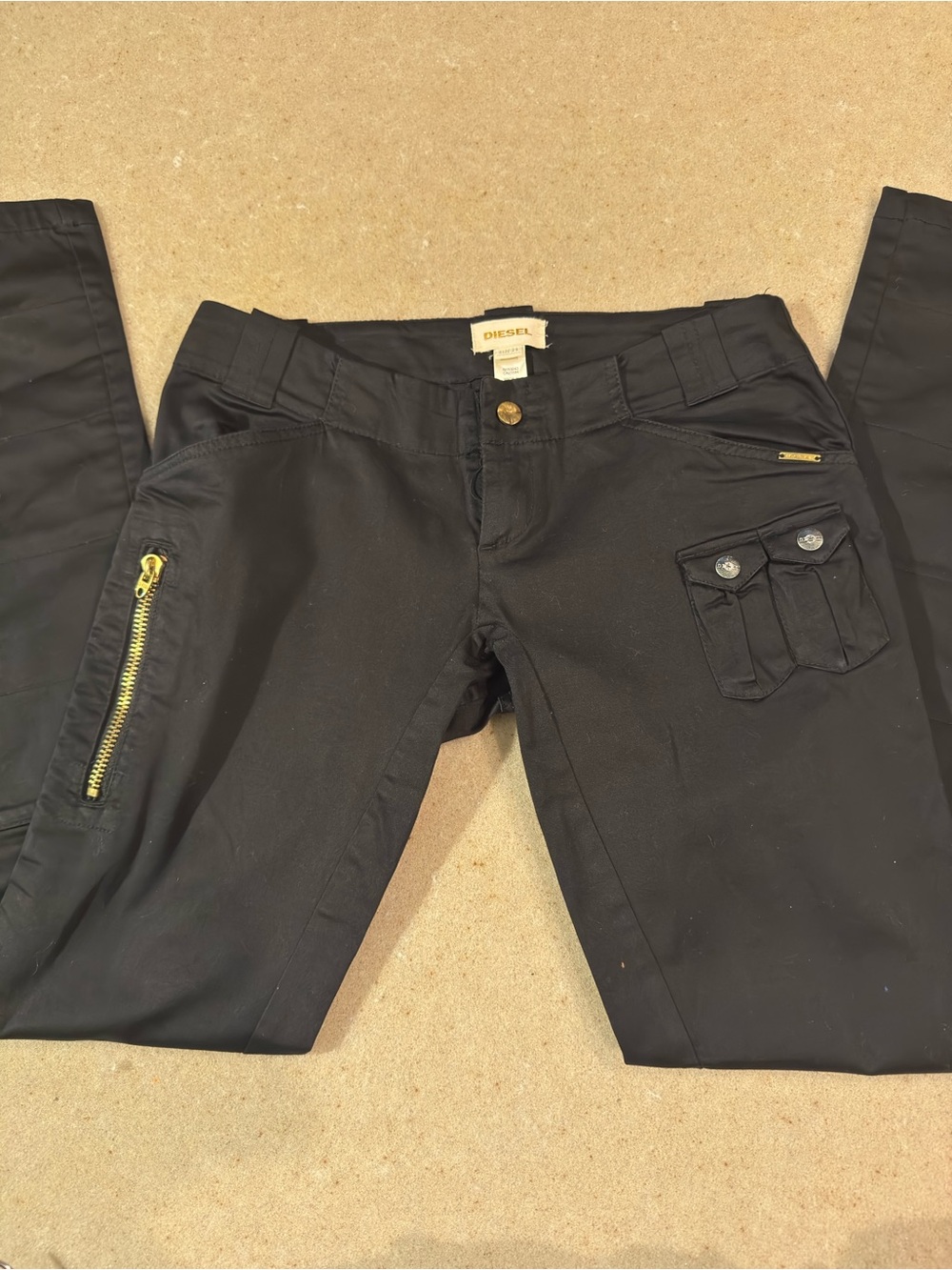 Diesel Women's Black Cargo Jeans with Gold Zipper Detail